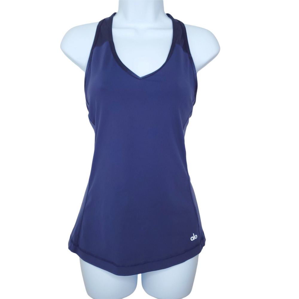 Alo Yoga Racerback Tank Top XS Navy V-Neck Mesh Panel Shoulder Shelf Bra